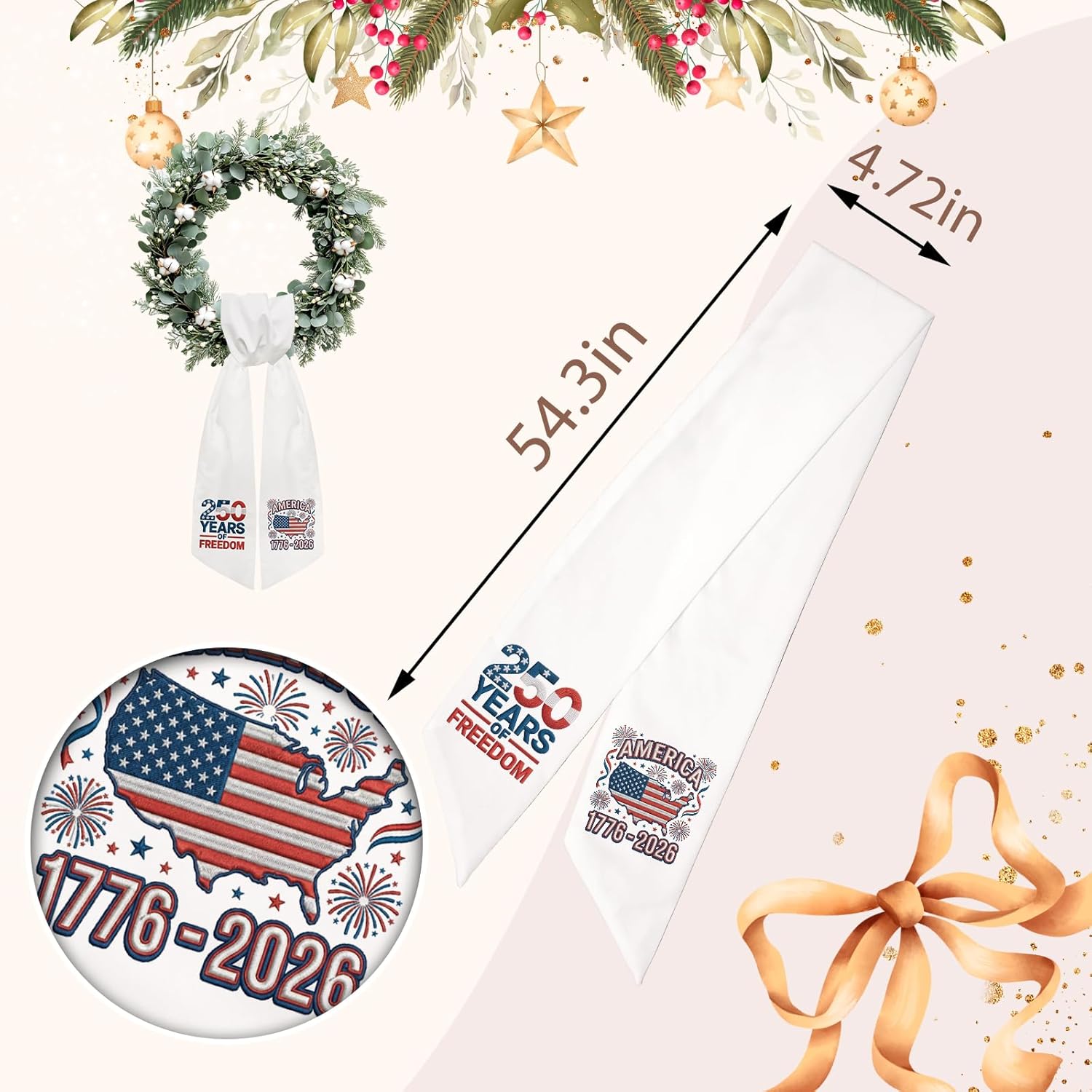 USA 250 Years Freedom Wreath Sash - Patriotic Front Door Decor with American Map Ribbon