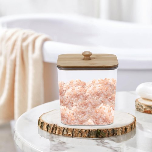 Yomjarl Bath Salt Container,2 Pack Clear Plastic Storage Bathroom Canisters with Wooden Lids & Handle,Airtight Bath Salt Dispenser Jars for Bathroom Organization Accessories,Bathtub Decor Box