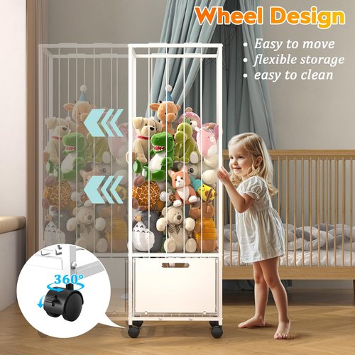 Bukfen Metal Stuffed Animal Storage Zoo Organizer, Extra Large Plush Toy Holder with Adjustable Elastic Cords & 4 Wheels, Vertical Space-Saving for Kids Nursery Playroom Bedroom, White
