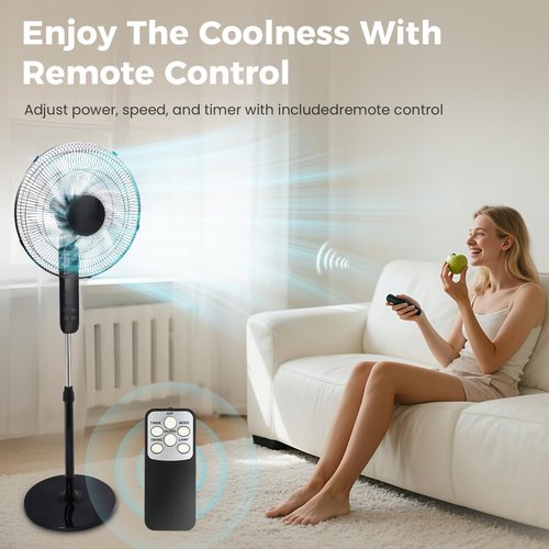 Aottop 16" Pedestal Fan - Touch Screen & LED Thermometer | Remote Control, 3 Speeds, 90° Oscillation, Quiet for Bedroom & Office