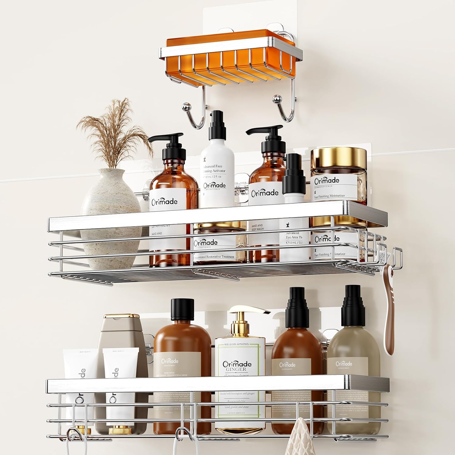 Orimade Shower Caddy | Wall-Mounted Soap Dish Holder with 5 Hooks - Stainless Steel, 3 Pack, Silver