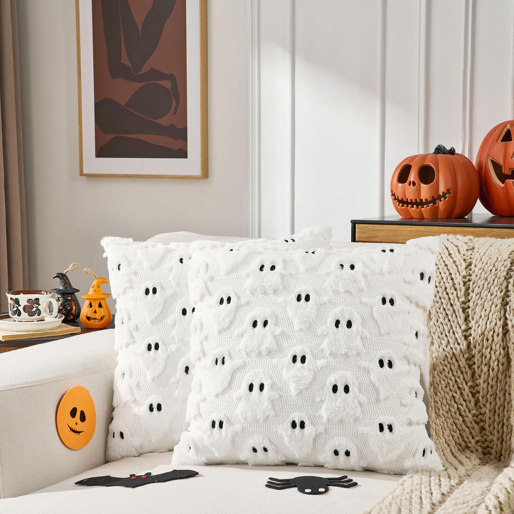 Volcanics Halloween Ghost Pillow Covers 20x20 Set of 2, White Plush Faux Fur Decorative Throw Cushion Cases for Fall Autumn Holiday Home Decor - Soft Farmhouse Style for Sofa, Couch, and Bedroom