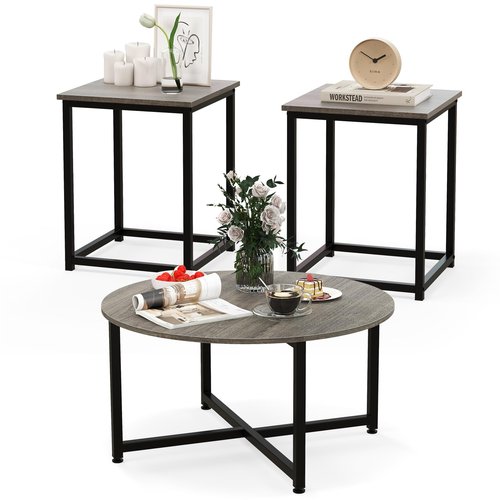 COSTWAY Coffee Table Set of 3, Wood Grain Round Coffee Table and 2 Square End Side Tables with Metal Frame, Modern 3-Piece Living Room Tables Set for Small Space, Apartment (Gray & Black)