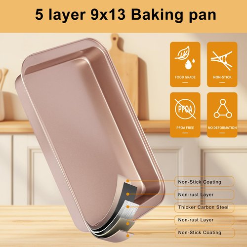 Barlket 9x13 Baking Pan, Rectangle Cake Pan Nonstick, Bakeware Baking Pans for Oven, Easy Clean, Carbon Steel Cake Pan for Lasagna Brownies Casseroles Cakes Pan, Rose Gold