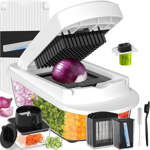 12 Blade Vegetable Chopper Mandoline Slicer - All-in-One Kitchen Gadget with Container | White