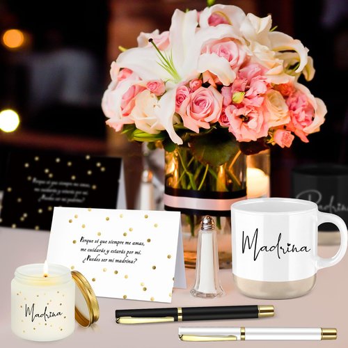 Baderke 2 Set 8 Pcs Godparents Proposal Gift Madrina Padrino Mug Will You Be My Godparents from Godchild Card Scented Candle Jar Ballpoint Pen Valentines Baptism Gift for Godmother Godfather(Spanish)