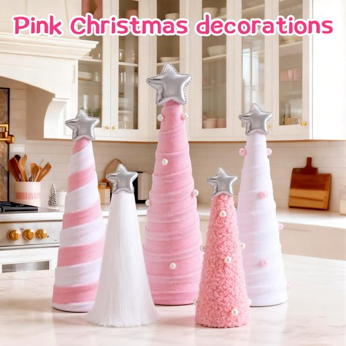 Realspring 5 Pcs Pink White Velvet Christmas Cone Tree Table Decoration Modern Xmas Tree Tabletop Centerpiece Ornaments for Mantel Fireplace Home Farmhouse Kitchen Party Crafts, 3 Sizes