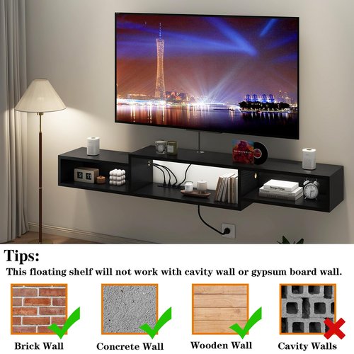 IBUYKE 71" Floating TV Stand Wall Mounted with Power Outlet,Wood Wall Mounted Media Console Shelf,Floating Entertainment Center for Under TV Storage for Living Room Bedroom Office,Black WST008B