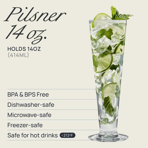 DRINIQUE Unbreakable Pilsner Beer Glass (Set of 4) 14oz Reusable, Shatterproof, Dishwasher Safe, Drinking Cups for Indoor or Outdoor Use - Clear