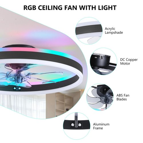 SAMPHON RGB Ceiling Fans with Lights, 19.7" Smart Low Profile Ceiling Fan, Modern Flush Mount Fandelier Light with Remote/APP Control, Dimmable Led Ceiling Fan Light for Living Room, Bedroom, Indoor