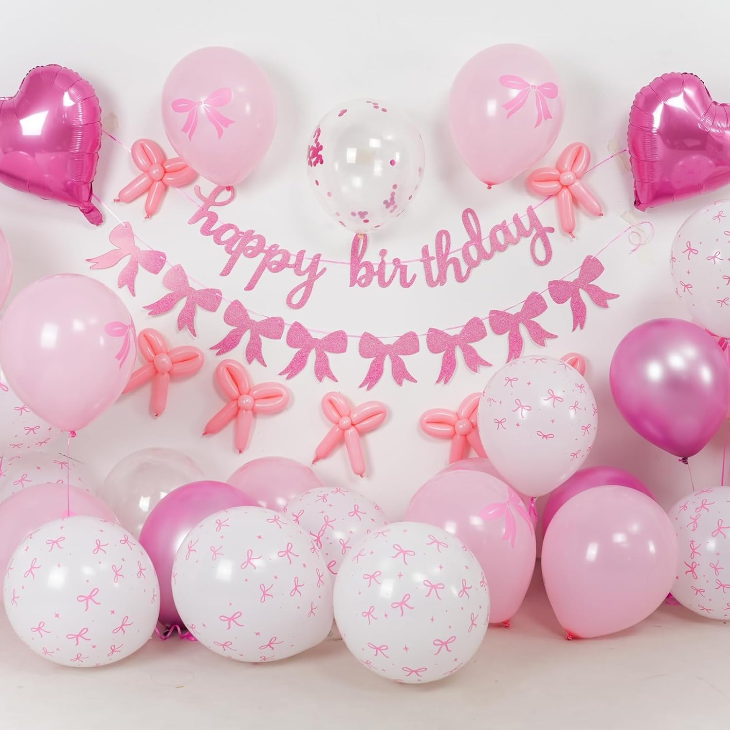 Skiennix Pink Bow Birthday Decorations - Coquette Party Set with Happy Birthday Banner & Heart Foil Balloons