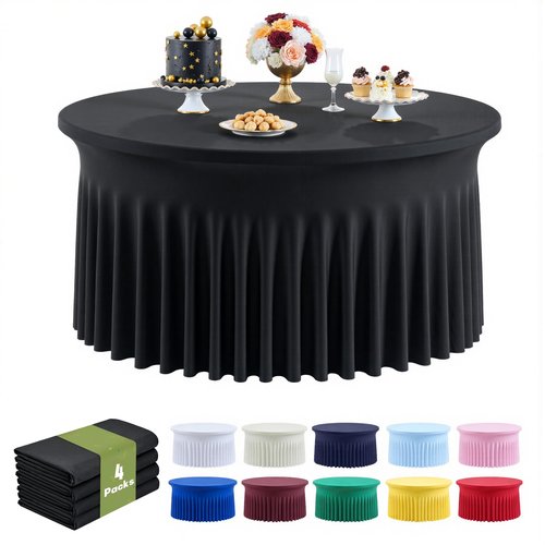 Outpain 4 Pack Black 72in/6FT Round Spandex Tablecloth,132inch Stretchy Fitted Table Cloths for Round Tables,Wrinkle Free Black Table Cloths with Skirt for Wedding Vendor Graduation Banquet