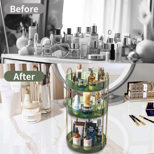 Asayuee 360 Rotating Perfume Organizer - 3 Tier Large Capacity Makeup Storage | Green Cosmetic Stand