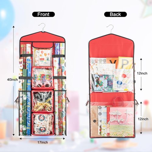 Christmas Wrapping Paper Organizer - Double-Sided Storage for Gift Bags & Wrapping Paper | Red