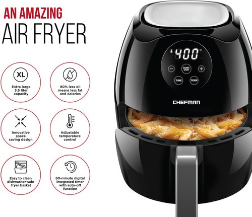 Chefman Digital Air Fryer Oven - 3.5 Quart Touch Screen, Oil-Free Cooking, Black | Dishwasher Safe Parts