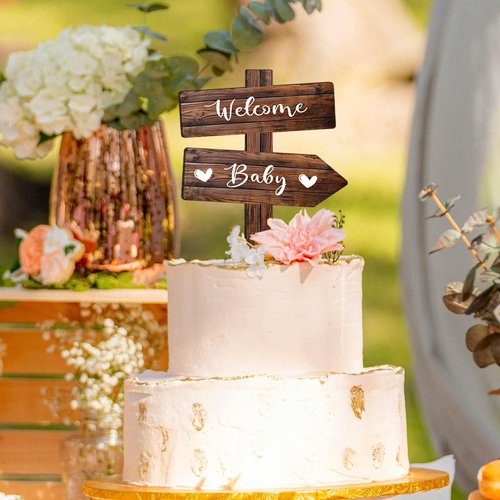 Rustic Welcome Baby Cake Topper in Wood Boy or Girl Announcement Neutral Wooden Cake Decoration for Baby Shower, Gender Reveal Party Decorations