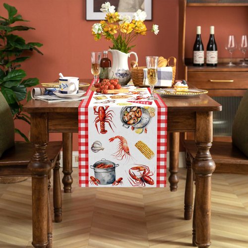 Buxiuer Crawfish Boil Table Runner Buffalo Check Lobster Crab Seafood Boil Themed Birthday Party Decoration Dining Room Home Kitchen Decor (13" x 72")