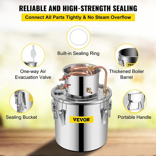 VEVOR Alcohol Still 3Gal/12L Alcohol Distiller Stainless Steel Distillery Kit for Alcohol With Copper Tube Home Brewing Kit Build-in Thermometer for DIY Whisky Wine Brandy
