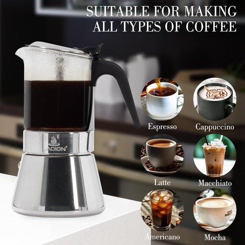 LAOION Stovetop Espresso Maker, 3Cup 160ml Moka Pot, Crystal Glass-top & Stainless Steel Coffee Maker Mocha Pot, Greca De Cafe, Cuban and Italian Coffee Maker for Cafetera Cubana
