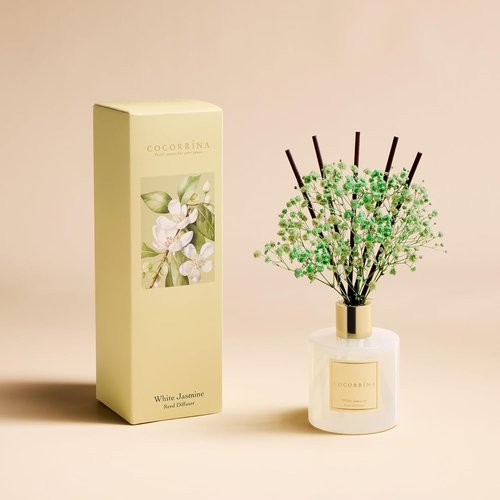 COCORRÍNA Reed Diffuser - White Jasmine Scented 6.7 Fl. Oz Set with Sticks & Baby's Breath Decor