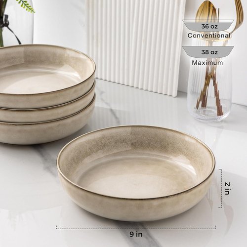 GBHOME Large Ceramic Pasta Bowls Set of 4 - 38oz Stoneware for Pasta, Salad, and Oatmeal | Microwave Safe, Cappuccino
