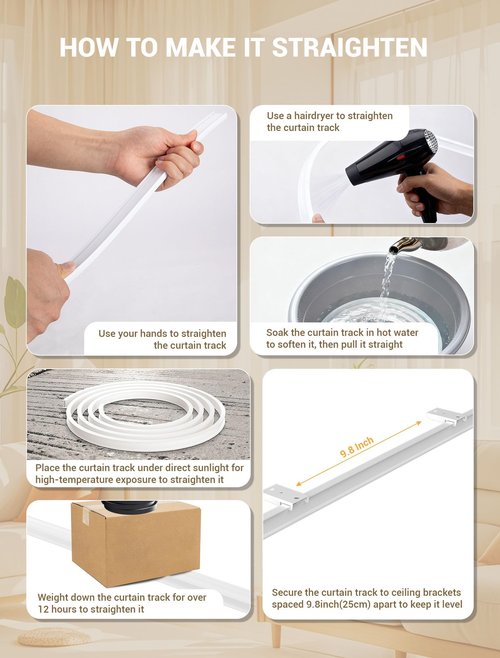 MERDTTES Flexible Bendable Ceiling Curtain Track, 9.8 FT (3 m), Mount for Rail with sliding Curtain Track System, Curtain Track Ceiling Mount, Room Divider for RV, Bathroom, Ceiling Curtain Rod, White