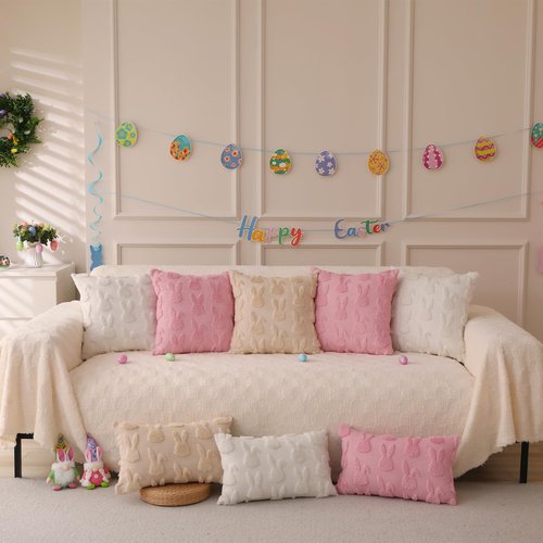 LOMCHEN Easter Throw Pillow Covers 18x18 inch Set of 2 for Easter Decorations Beige Bunny Rabbit Soft Plush Faux Fur Wool Pillow Covers for Sofa Living Room Couch Bed