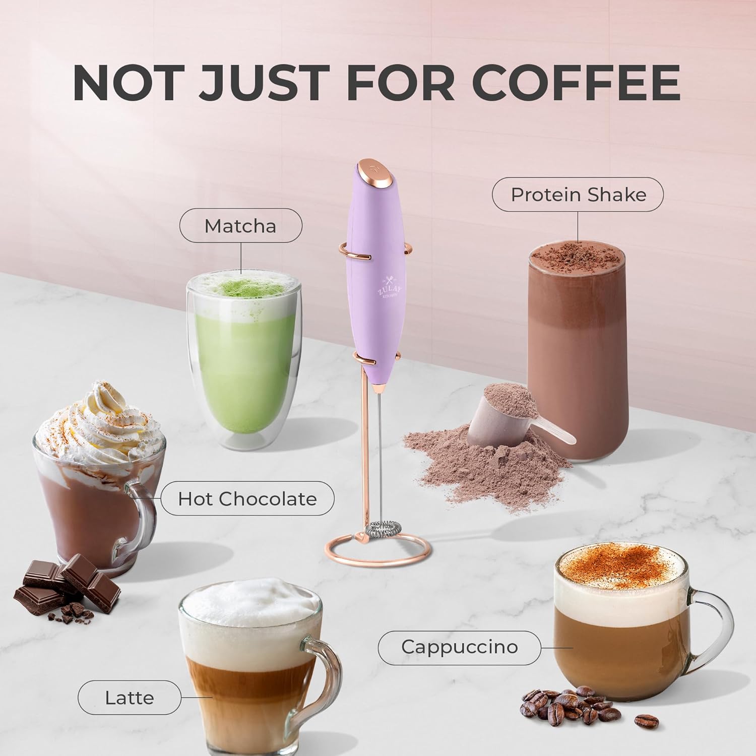 Zulay Kitchen Milk Frother Wand - Ultra Fast Electric Whisk for Coffee & Lattes - Lilac & Rose Gold