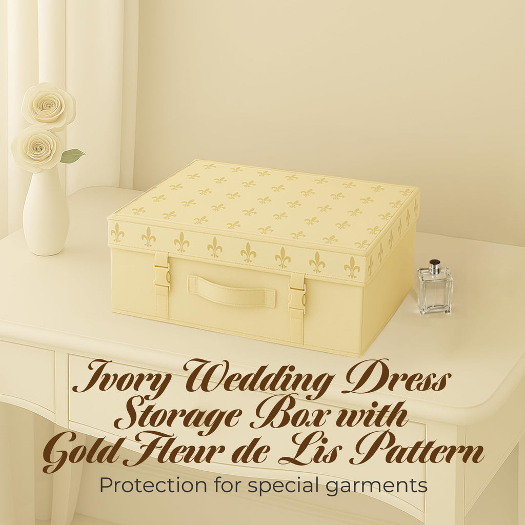 HANGERWORLD Wedding Dress Storage Box with Acid Free Tissue - Medium, Ivory Gold Fleur de Lis Pattern