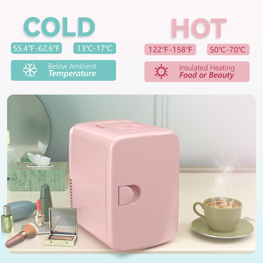 EUHOMY Mini Fridge, 4 Liter/6 Cans AC/DC Small Refrigerator for Skincare, Portable Cooler and Warmer for Skin Care, Cosmetics, Beverage, 4L Makeup Mini Fridge for Bedroom, Car, Office, Dorm, Pink