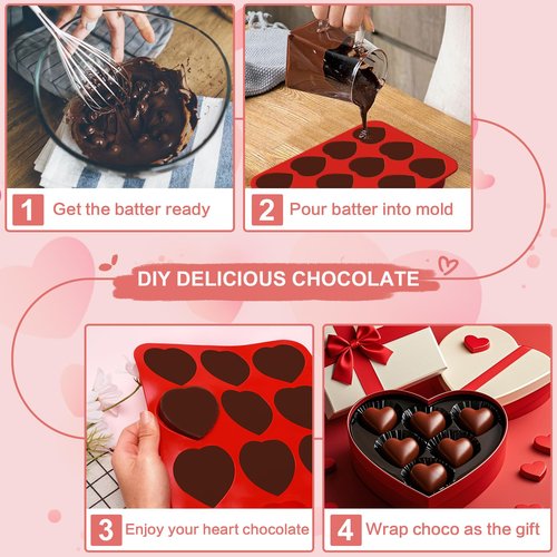 3 Pieces Heart Silicone Molds 12 Cavities Chocolate Mold Non-Stick Silicone Heart Shaped Mold Baking Valentines Molds for Making Soap Chocolate Jelly Candy (Red, Purpel, Pink)