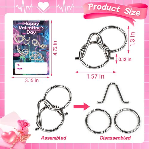 24 Pcs Valentine’s Day Gift Metal Brain Teaser Puzzles Set with Cards for Boys and Girls Unlock Interlock Game Fidget Party Favors School Exchange Classroom Prizes for Older Kids Teens Adults