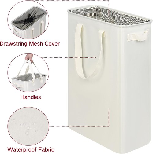 Efluky Slim Laundry Basket - Collapsible Hamper with Handles | 12.7 Gallon Beige Laundry Bin for Dorm & Bedroom