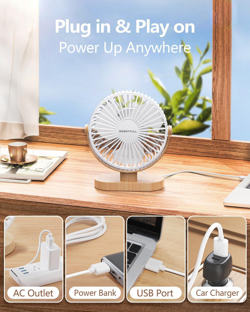 Sweetfull USB Desk Fan - 6.5 Inch Portable Mini Fan with 3 Speeds & 360° Adjustment | Quiet Operation, White Wood Grain