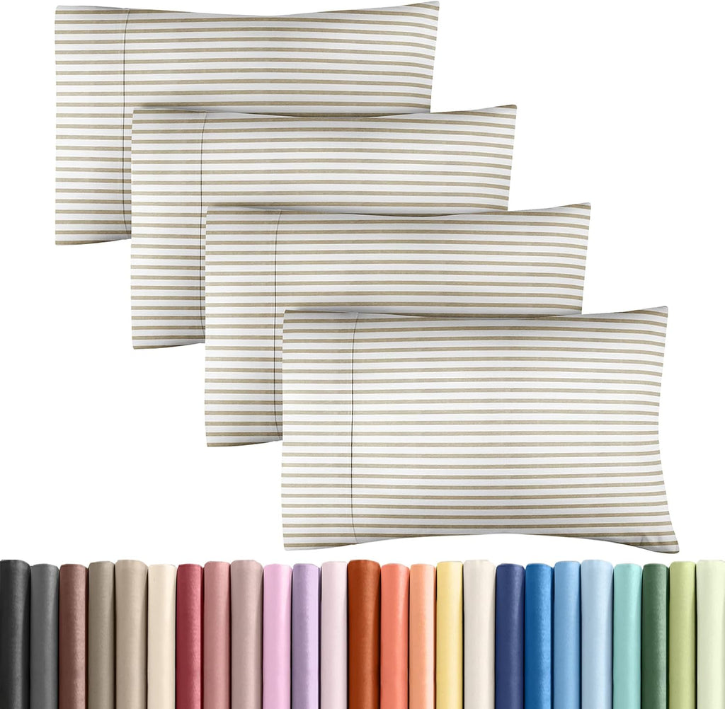 Skiennix Queen Pillow Cases Set of 4 | Ultra Soft Hotel Quality | Wrinkle-Free & Fade Resistant - Beige Stripes