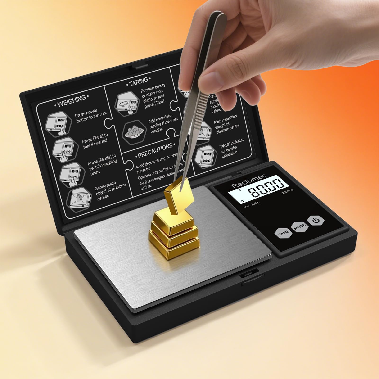 Raclomec Digital Gram Scale 200g x 0.01g Jewelry Scale, Gram, Ounce, Carat, Grain, for Food, Ingredients, Gemstone, Gold Coin, Spice, Medicine and Powder Weighing
