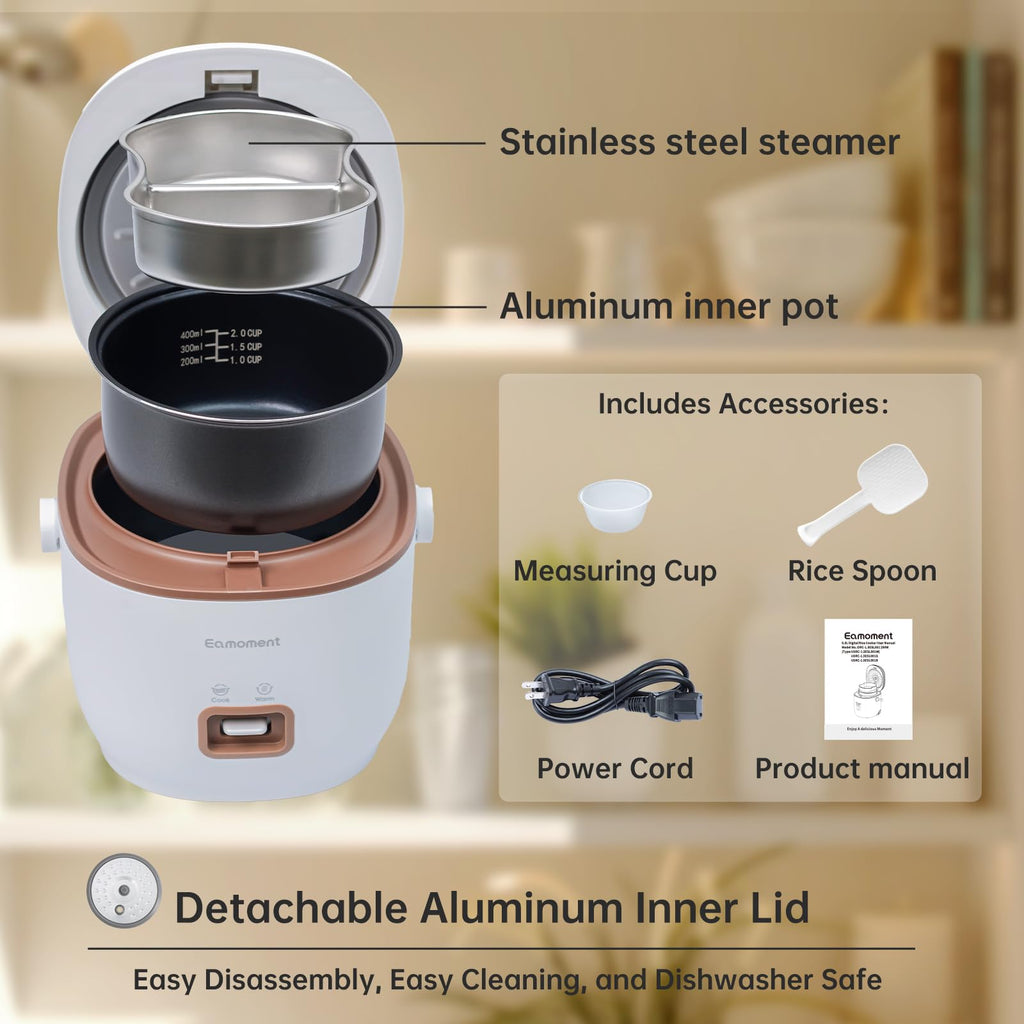 Brown Mini Rice Cooker Small 1 Cup-2 Cup Non-Stick Coated Insert Food Steamer Kitchen Appliances Includes Vegetable Steamer