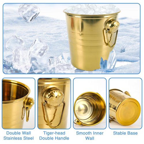 4 Pcs Stainless Steel Champagne Bucket, 3 Qt Double Wall Ice Bucket with Handles, Metal Wine Chiller for Champagne, Beer, Cocktails, Home Bar, Party Beverage Cooler (Gold)