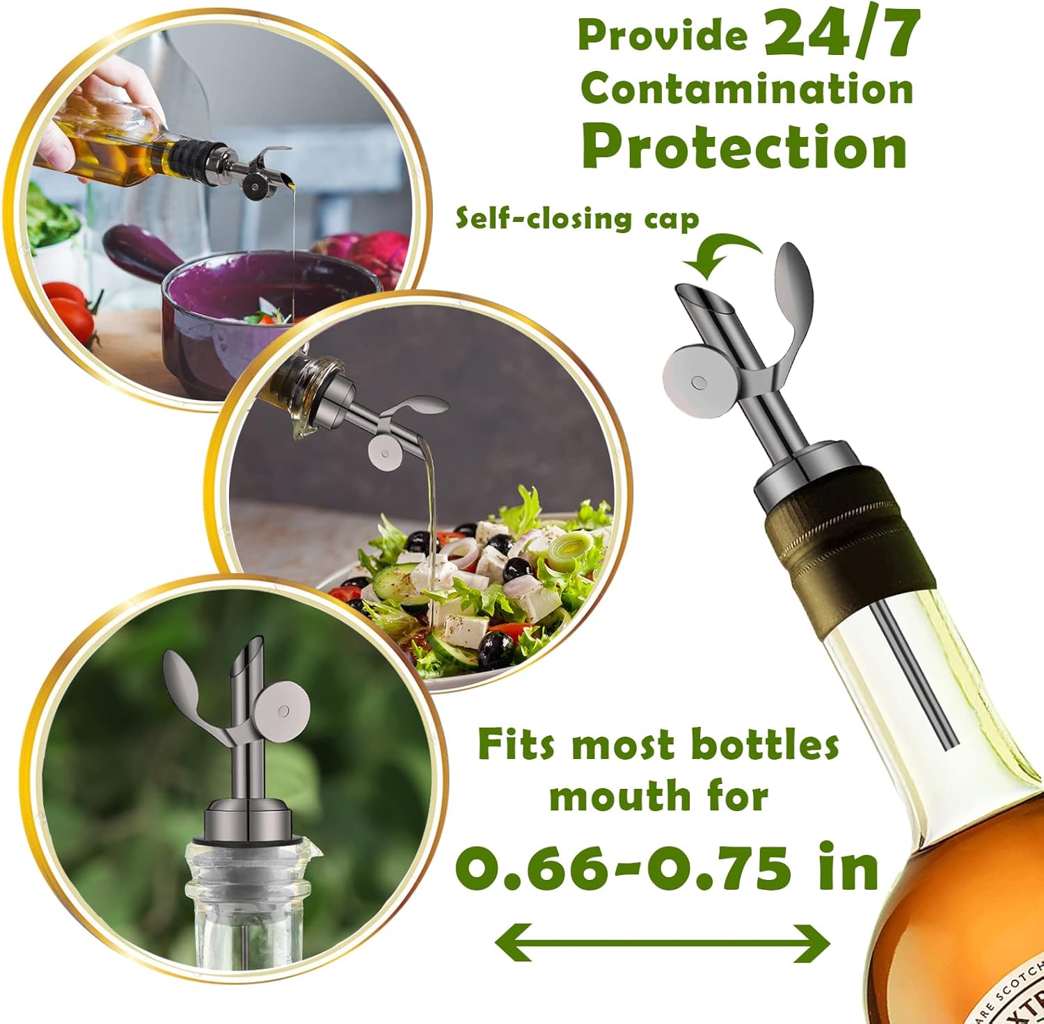 WAFJAMF 2 Pcs Weighted Stainless Steel Bottle Pourers, Self Closing Olive Oil Dispenser Spout, Auto Flip Feature Liquor Pour Spouts for Pours Liquid, Olive Oil, Wine, Vinegar (Black)……