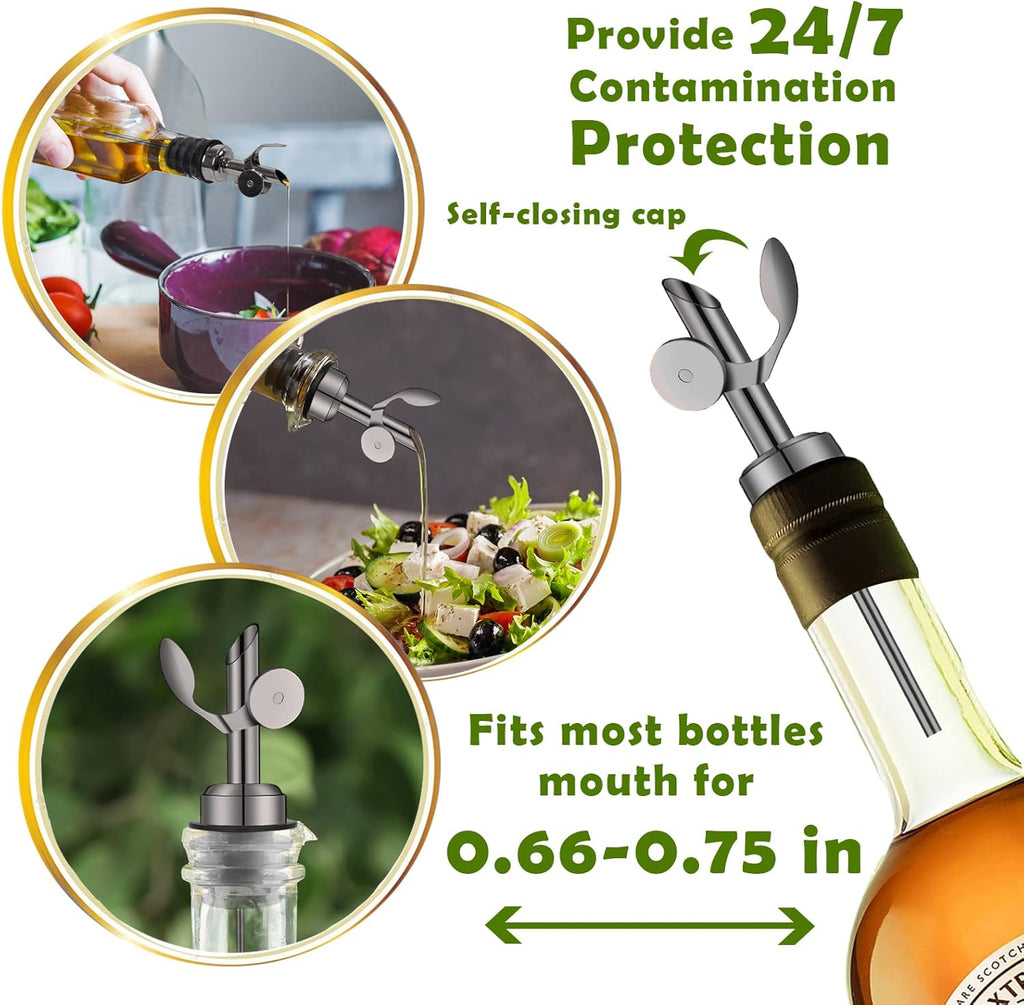 Weighted Stainless Steel Bottle Pourers, Auto Flip Feature Self Closing Olive Oil Dispenser Spout with 1 Cleaning Brush, Liquor Pour Spouts for Pours Liquid, Olive Oil, Wine, Vinegar (Black)
