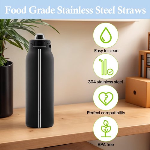 Metal Straws Replacement for Ello Pop & Fill 32 oz Accessories, 6 PCS Reusable Stainless Steel Straw with 2 Cleaning Brush, Compatible with Ello Water Bottle