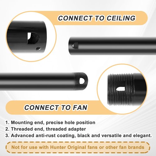 Yaocom 2 Pack 48 Inch Compatible with Hunter Fan Company, 25148 Ceiling Fan Downrod Extension Rod, Specialty Black Ceiling Drop Bar, Metal Durable Threaded