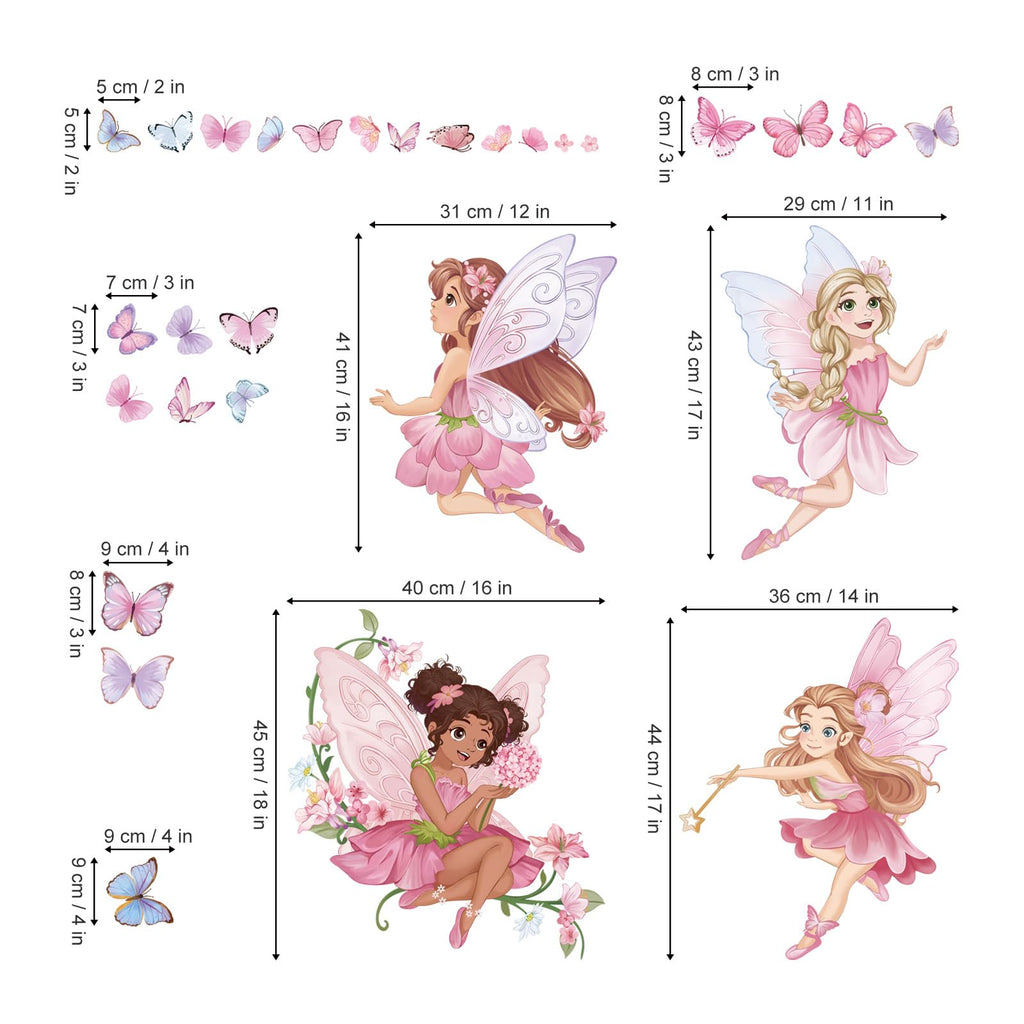 wondever Pink Fairy Girls Wall Stickers Elves Flower Butterfly Peel and Stick Wall Art Decals for Girls Bedroom Baby Nursery Kids Room