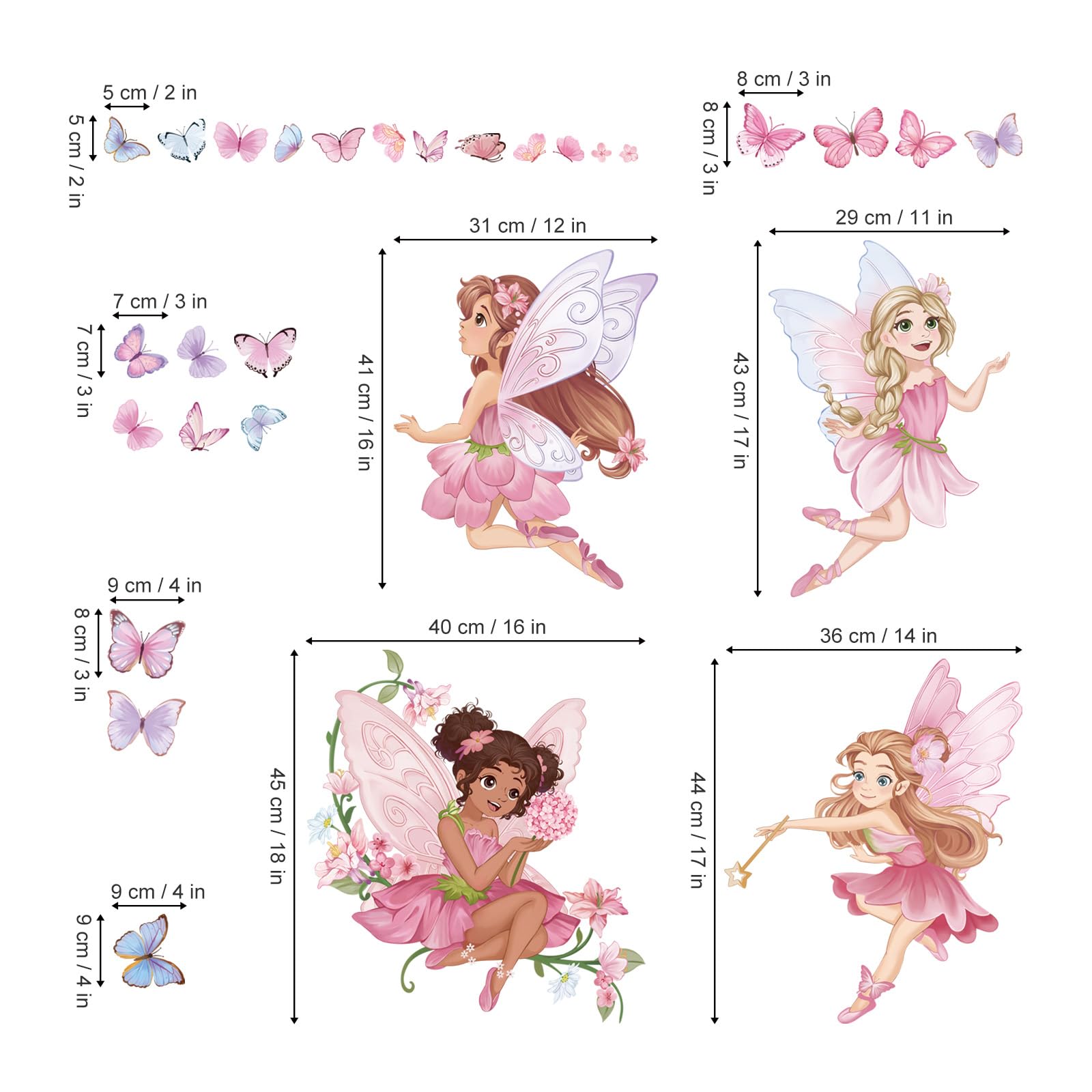 wondever Pink Fairy Girls Wall Stickers Elves Flower Butterfly Peel and Stick Wall Art Decals for Girls Bedroom Baby Nursery Kids Room
