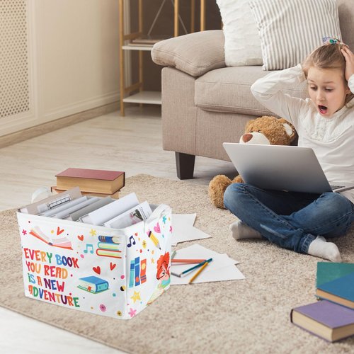 Domensi 4 Pcs Back to School Collapsible Book Bins Reading Book Basket 15.7 x 11.8 x 11.8 Inches Cartoon Kids Books Bin Storage for Classroom Library Nursery Room Rectangle Storage Bin Bedroom Toy