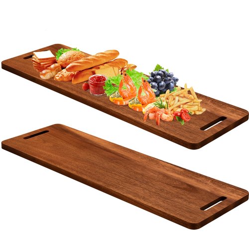 Bokon 2 Pcs Acacia Wooden Charcuterie Boards Acacia Serving Board with Handle Rectangular Hollow Handle Wood Tray Wooden Serving Platter Wood Server for Cheese Food (36 x 12 Inch )