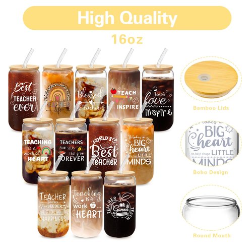 Frerdui 36 Pcs Teacher Appreciation Gift Bulk - Best Teacher Gifts, Thank You Gifts, Back to School Set, 16oz Coffee Beer Can Glass with Lids Straws Brushes Graduation Gift Christmas Birthday