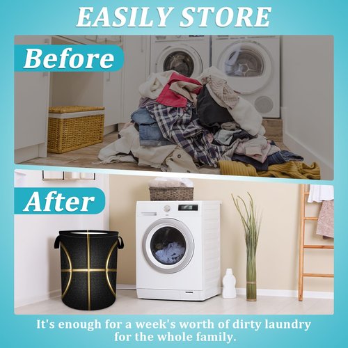 Black and Gold Basketball Laundry Basket, Foldable Waterproof Oxford Cloth Laundry Hamper Funny Tote Bag Dirty Clothes Storage Bucket Toy Organizer for Bathroom/Laundry/Bedroom 15.7"x19.6"