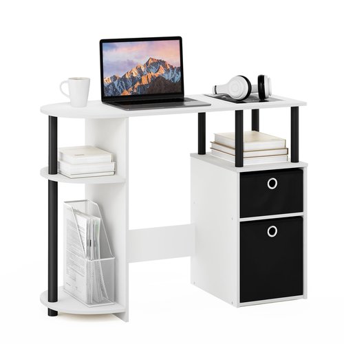Furinno Jaya Desk, 38.4" Wide Gaming Desk with Bin Drawers, Computer Desk with Side Shelf, Office Desk for Study, Home Office, Bedroom, Dorm, Study Room, White