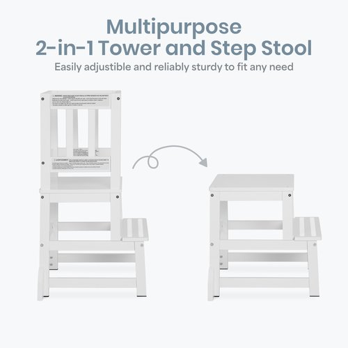 Dream On Me 2-in-1 Funtastic Tower and Step Stool, Toddler Step Tower for Learning & Play, Safety Rails, Anti-Skid Pads, Non-Slip Strips & Stabilizer Fins for Safe Counter Activities - White